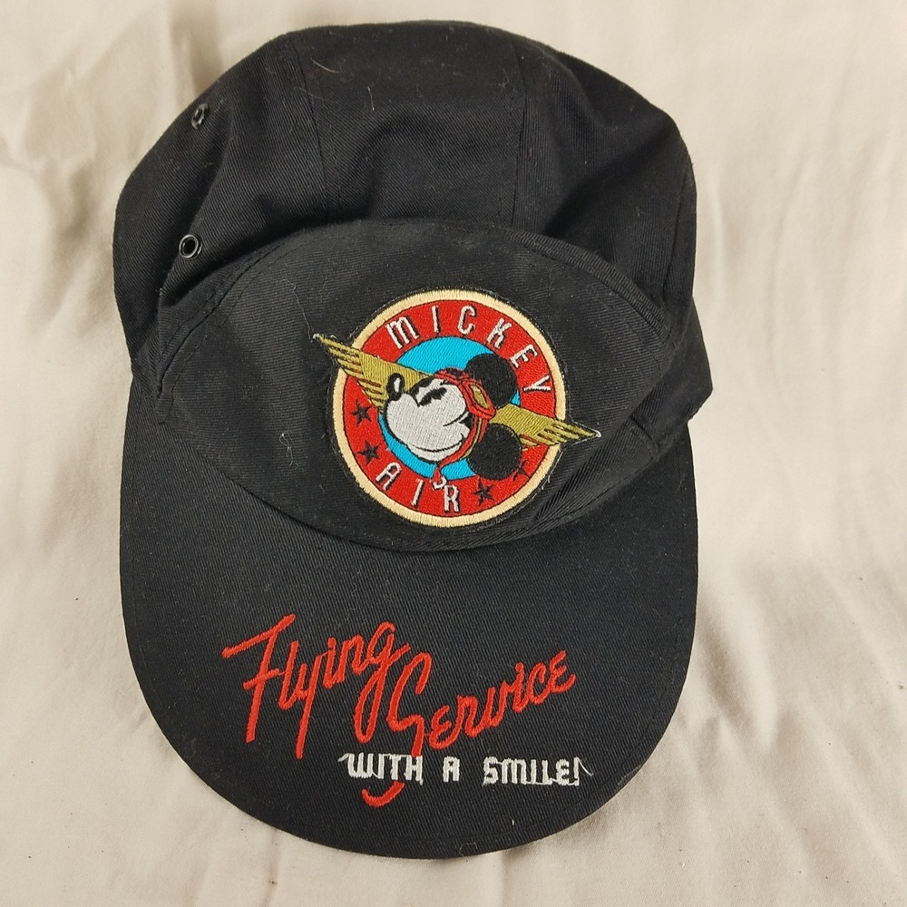 Vintage Mickey Co JG Hook Mickey Air Flying Service Black Cotton Cap Hat OSFA 90